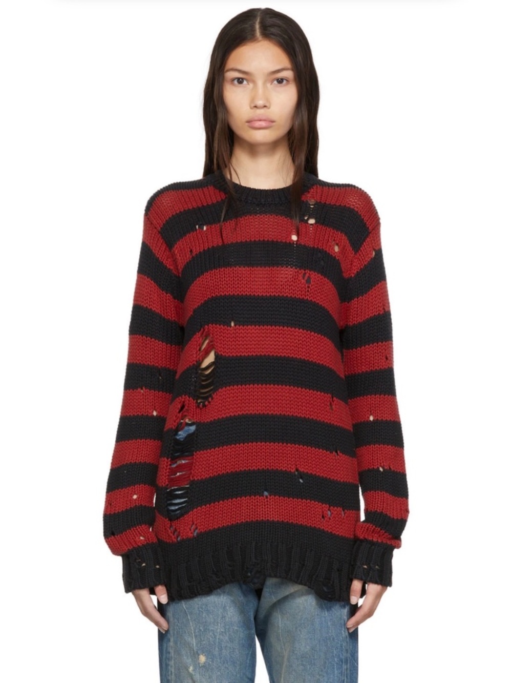 R13 Red/Black Stripe Shredded Grunge Sweater Size L